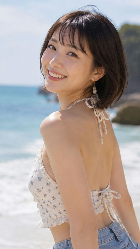 蔚蓝海边回头微笑的日系女性夏日写真 - AI图片提示词示例