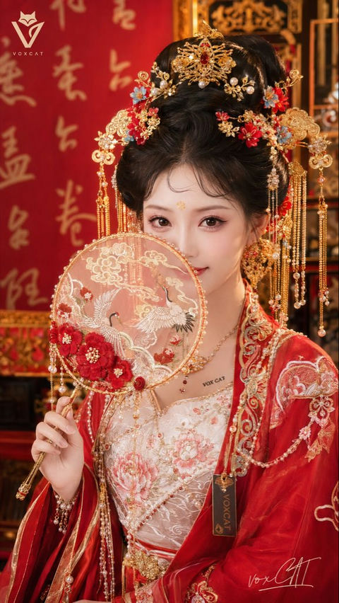 新中式唐风红金婚礼写真仕女图 - AI图片提示词示例
