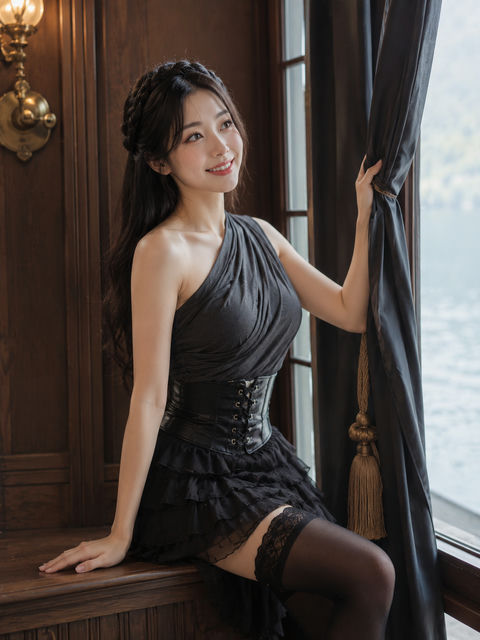 哈尔施塔特窗边的日系电影感少女 - AI图片提示词示例