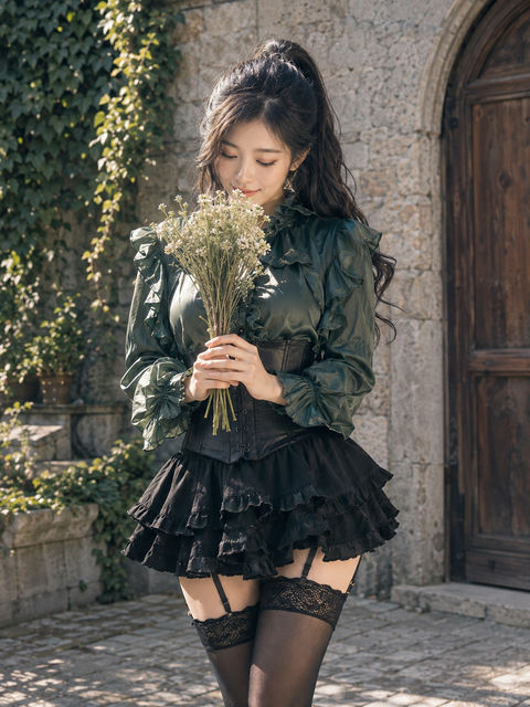 哈尔施塔特古镇下的森林绿缎面少女 - AI图片提示词示例