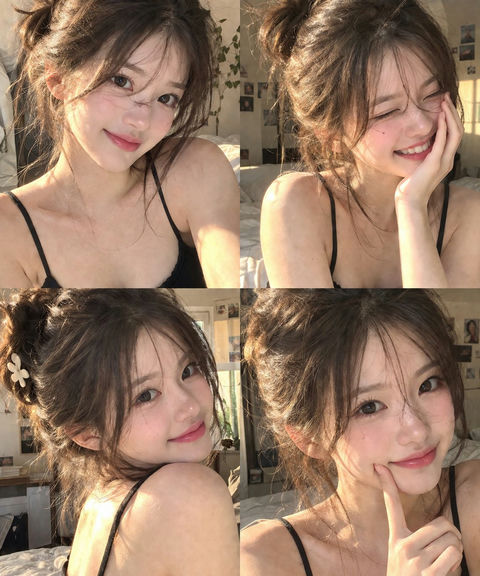 温暖金光下韩国女性四宫格写真 - AI图片提示词示例