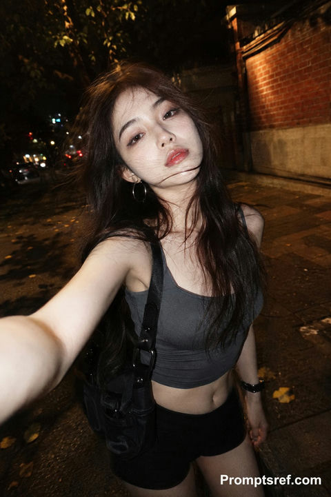 抖音辣妹风夜色街头闪光灯自拍 - AI图片提示词示例