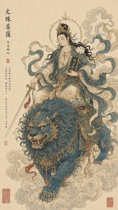 东方神明工笔重彩圣像插画 - AI图片提示词示例