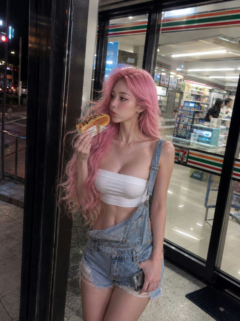 街头便利店门口吃热狗的二十岁少女随性抓拍 - AI图片提示词示例