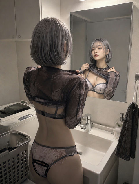 洗面台前拉起衣服的少女桃色约翰风格 - AI图片提示词示例