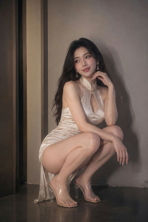 超写实香槟色旗袍东亚女性室内写真 - AI图片提示词示例