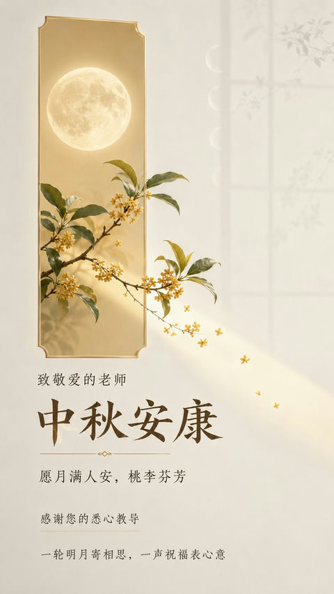中秋节教师祝福月光窗口桂花竖版海报 - AI图片提示词示例
