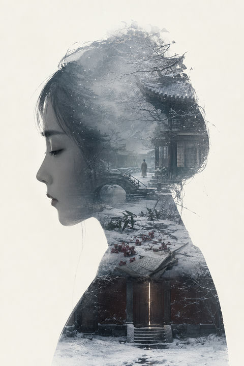 红楼梦终章：黛玉剪影里的落雪大观园 - AI图片提示词示例