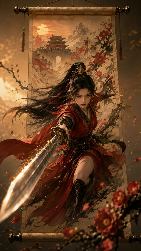 绝代剑姬破卷而出：东方奇幻电影质感海报 - AI图片提示词示例