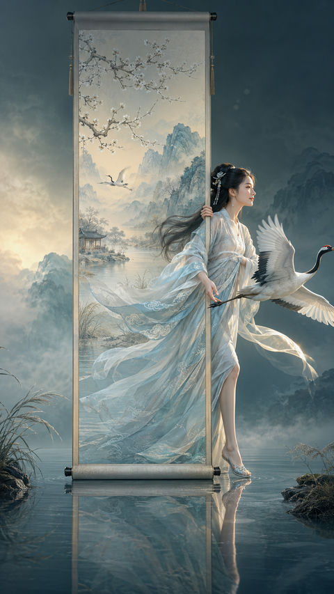 鹤影仙姬：跨越画卷虚实的东方幻想叙事 - AI图片提示词示例