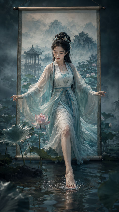 莲水神女踏墨而来：出画入世之境 - AI图片提示词示例