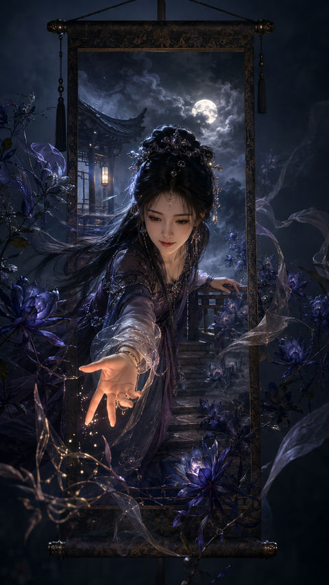 月下玄花姬：画中仙子破卷而出的东方幻想 - AI图片提示词示例