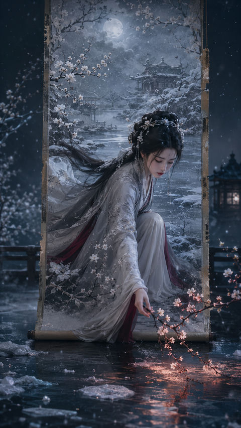寒梅仙子破卷而生：雪夜残梦之觉醒 - AI图片提示词示例