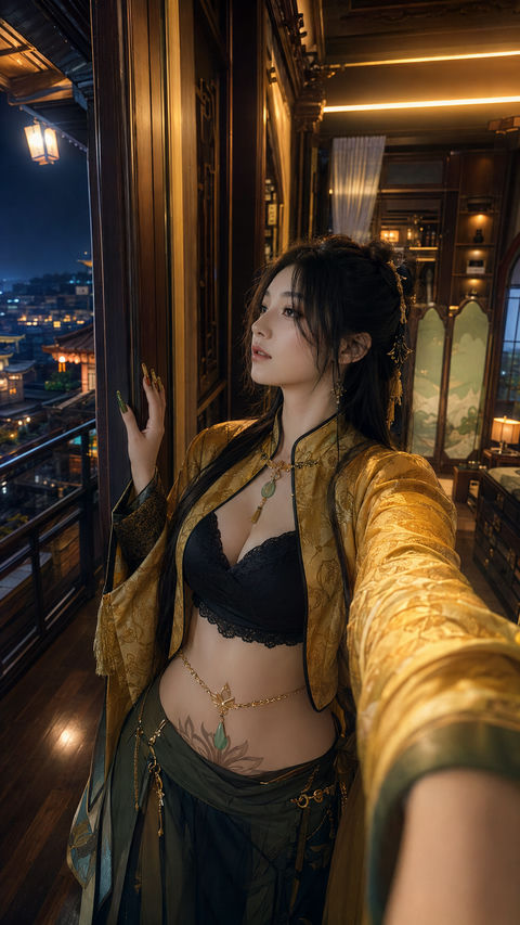 都市霓虹下琥珀锦缎女子的回望瞬间 - AI图片提示词示例