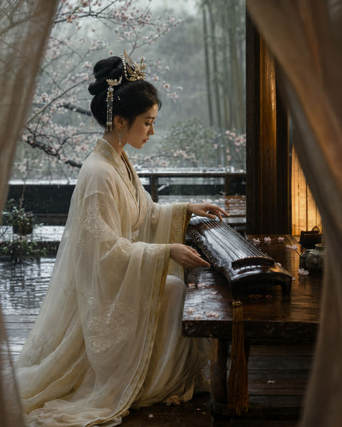 烟雨古亭抚琴图：清雅东方女子侧颜 - AI图片提示词示例