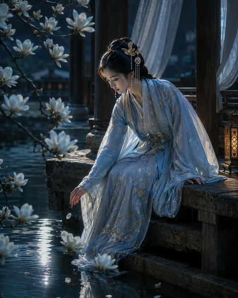寒江月影：临水木亭下的冰蓝汉服孤影 - AI图片提示词示例