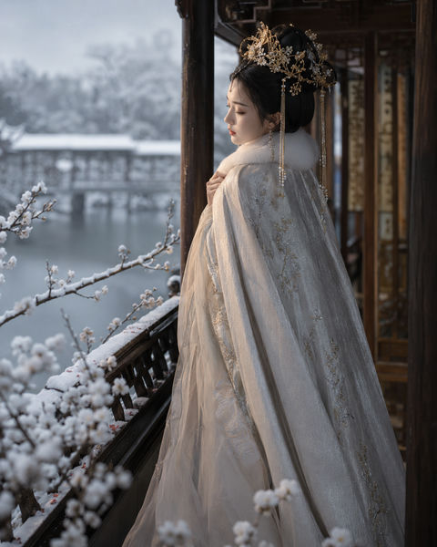 雪落亭台：冬日东方韵味女子侧影 - AI图片提示词示例