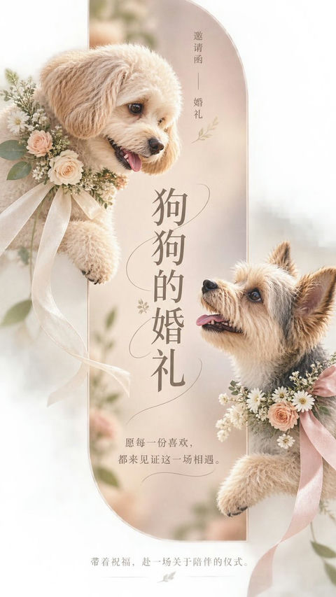 狗狗婚礼竖版手机社交邀请函 - AI图片提示词示例