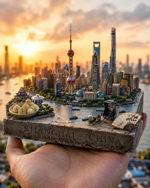 掌中微缩城市超写实旅行明信片 - AI图片提示词示例