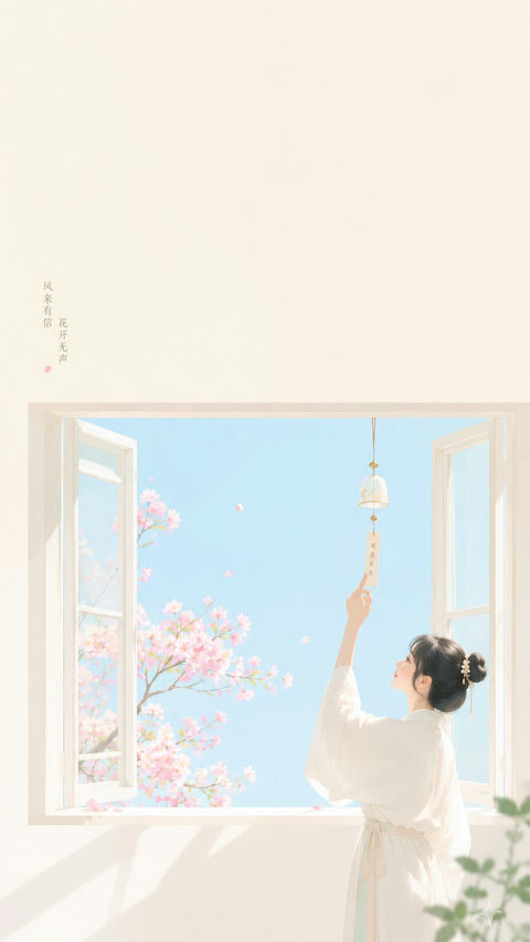 东方禅意极简女性风铃海报 - AI图片提示词示例