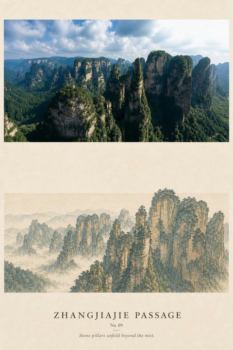 旅行照片青绿山水绢本设计海报 - AI图片提示词示例