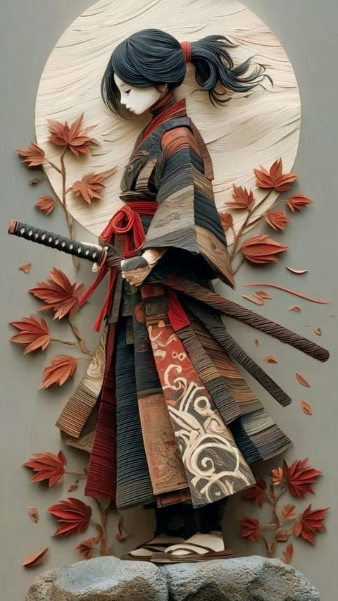 纸艺与木雕风格优雅女性武士浮雕 - AI图片提示词示例
