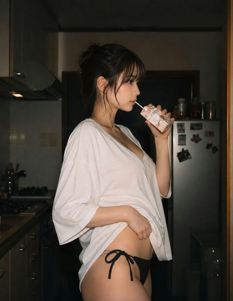 夜间昏暗厨房入口的东亚女性侧影 - AI图片提示词示例