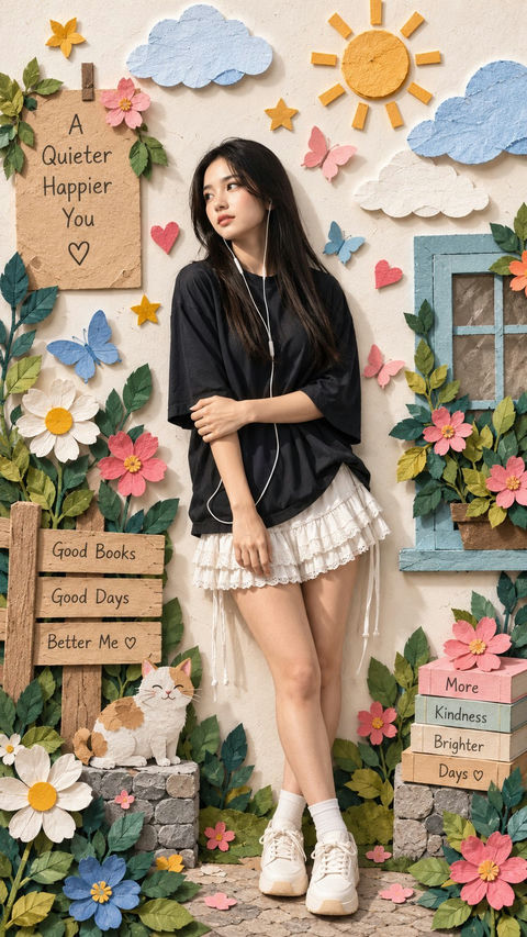 优质手工纸艺3D纸雕花园年轻女性 - AI图片提示词示例