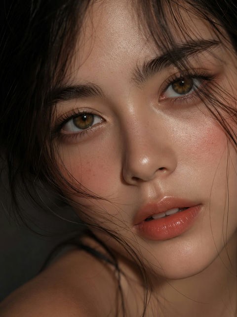 极近距离特写女性美妆人像摄影 - AI图片提示词示例