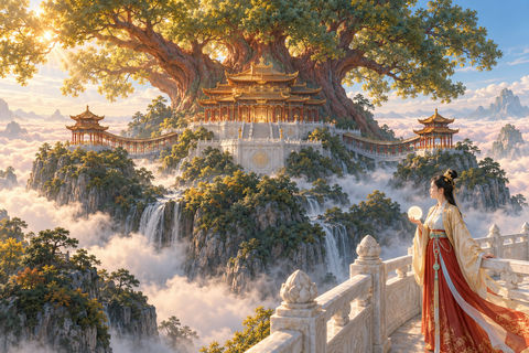 扶桑云巅司日仙官与神话宫阙全景 - AI图片提示词示例