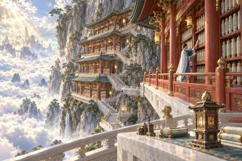 天书悬壁：云海仙宫藏经阁大景 - AI图片提示词示例