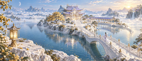 月桂回湾银阙晨雾之东方仙境大景 - AI图片提示词示例