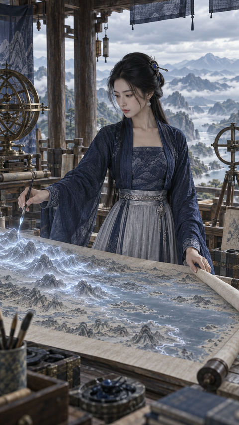 苍岚山海绘卷：唐风幻想女绘师的高山测绘影踪 - AI图片提示词示例