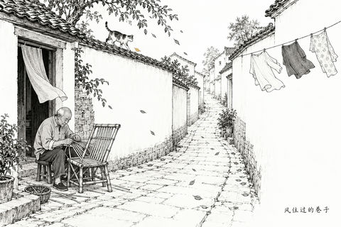 白描淡彩：风住过的巷子人间烟火 - AI图片提示词示例