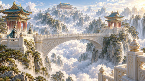 双峰天关：凌空一桥镇仙山 - AI图片提示词示例