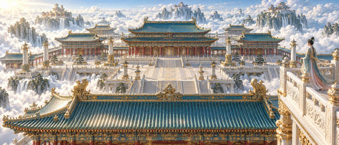 琉璃瓦海：东方天宫建筑群鸟瞰大景 - AI图片提示词示例