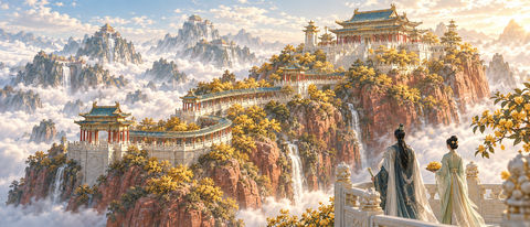 丹霞天苑崖上金桂宫：东方仙山秋色大景 - AI图片提示词示例