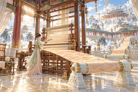 东方仙境织霞高阁天锦铺云宏大盛景 - AI图片提示词示例