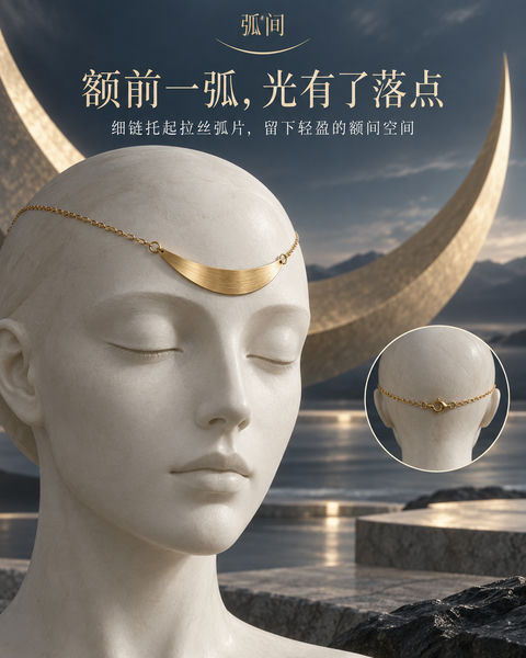 弧间品牌黄金额饰：额前流光与当代仪式感视觉 - AI图片提示词示例