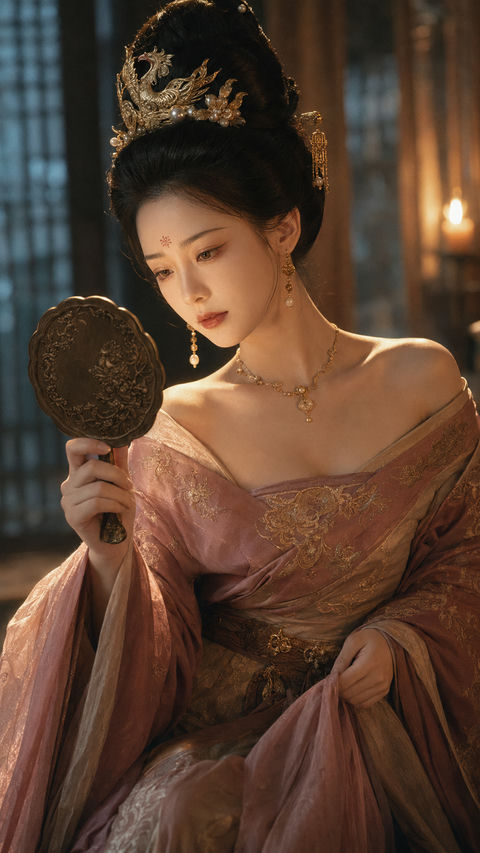 大唐宫廷美人对镜思忖电影级插画 - AI图片提示词示例