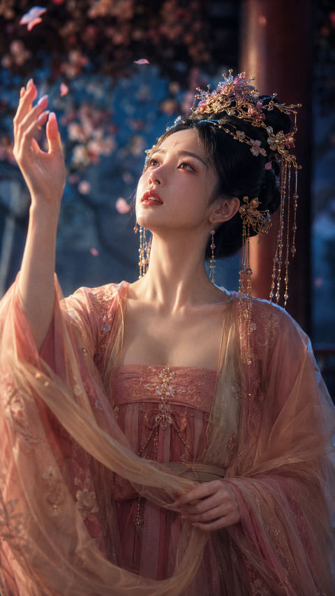 盛唐风华：月夜花亭下的古典美人 - AI图片提示词示例