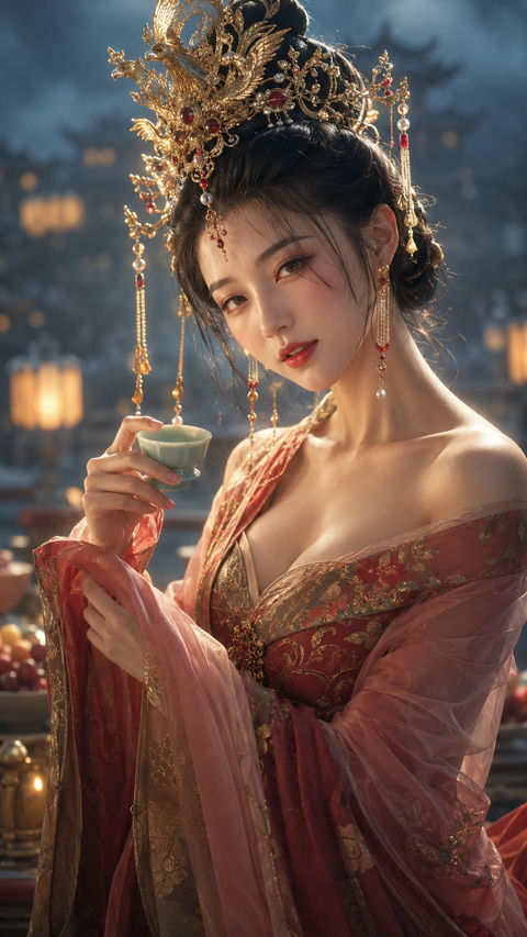 盛唐霓裳微醺宫宴贵妃肖像 - AI图片提示词示例
