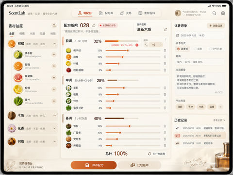 极简禅意调香实验室平板UI界面 - AI图片提示词示例