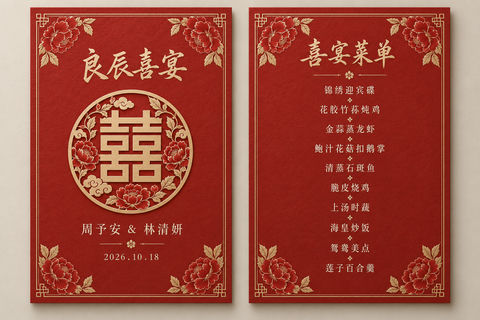 盛世红金中式婚礼宴会菜单设计 - AI图片提示词示例