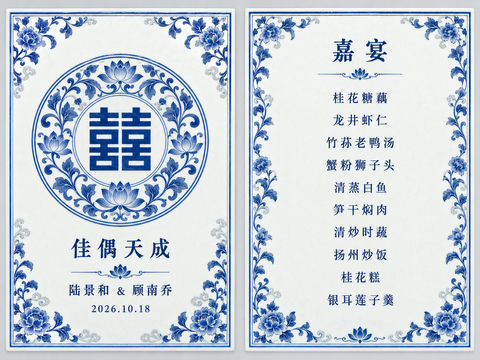 新中式青花瓷韵婚宴菜单设计 - AI图片提示词示例