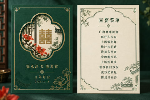 翡翠金边岭南花窗婚宴菜单双面设计 - AI图片提示词示例