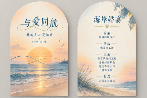 浪漫海边落日圆拱形双面婚礼菜单设计 - AI图片提示词示例