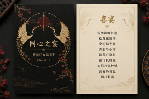 黑金新中式双面婚宴菜单平面设计 - AI图片提示词示例