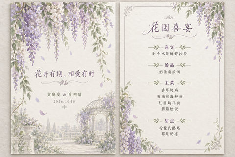 紫藤花语浪漫园林风双面婚宴菜单设计 - AI图片提示词示例