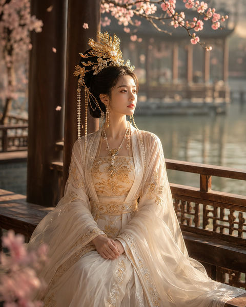 锦绣芳华：水榭亭台间的金丝汉服神韵 - AI图片提示词示例